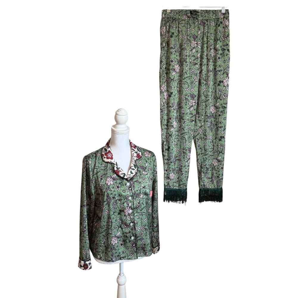 Vendula London Pajama Pyjamas Set Luxury‎ Silky Green Floral Rare Small